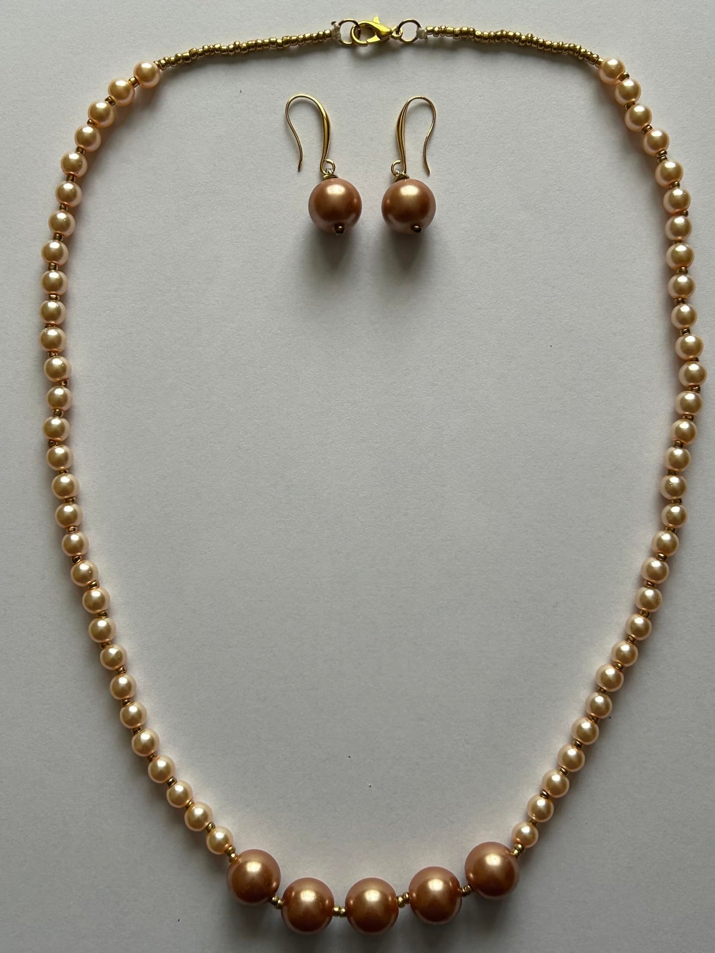 Handcrafted Faux Pearl Necklace and Earring Set, Champagne and Cream Colours, Gold-Tone Accents
