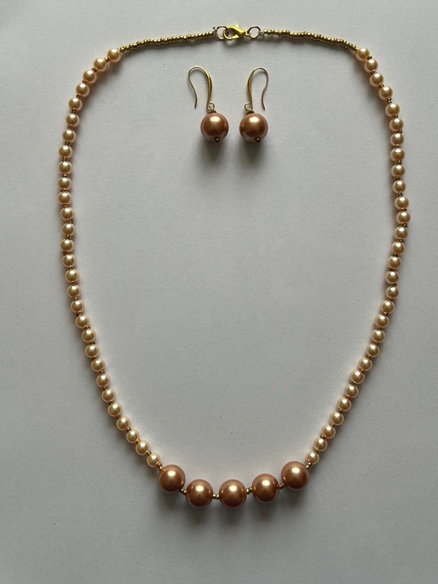 Handcrafted Faux Pearl Necklace and Earring Set, Champagne and Cream Colours, Gold-Tone Accents