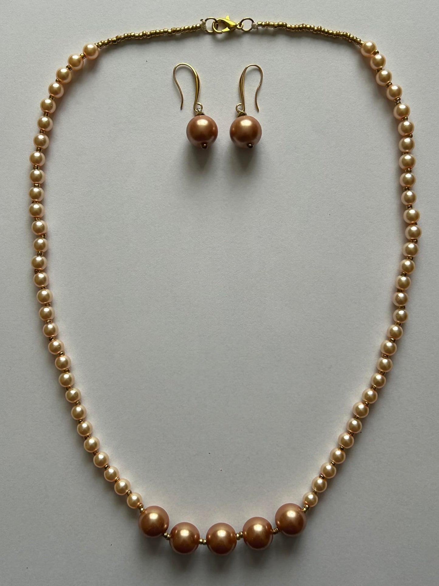 Handcrafted Faux Pearl Necklace and Earring Set, Champagne and Cream Colours, Gold-Tone Accents