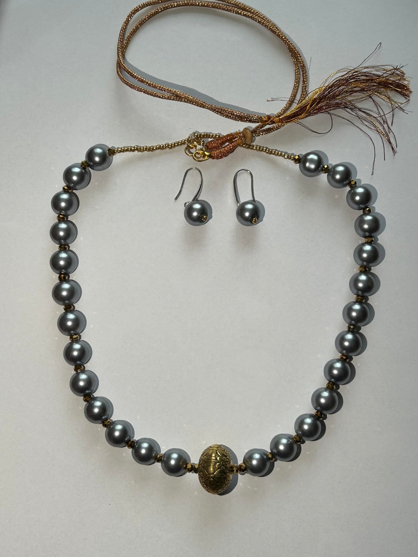 Handcrafted Faux Pearl Necklace Set with Enamel Flower, Matching Earrings-Colour Dark Ash