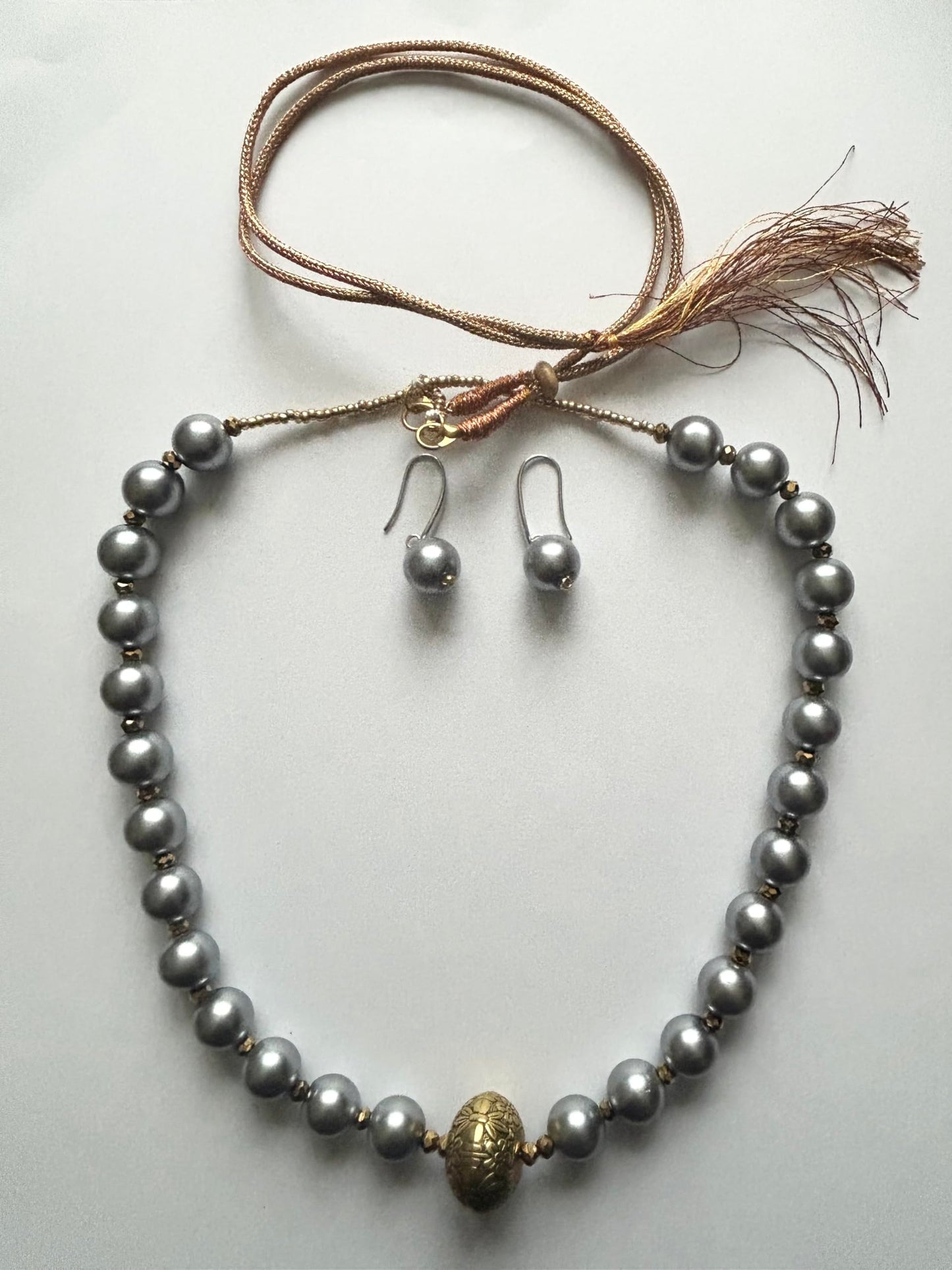 Handcrafted Faux Pearl Necklace Set with Enamel Flower, Matching Earrings-Colour Dark Ash