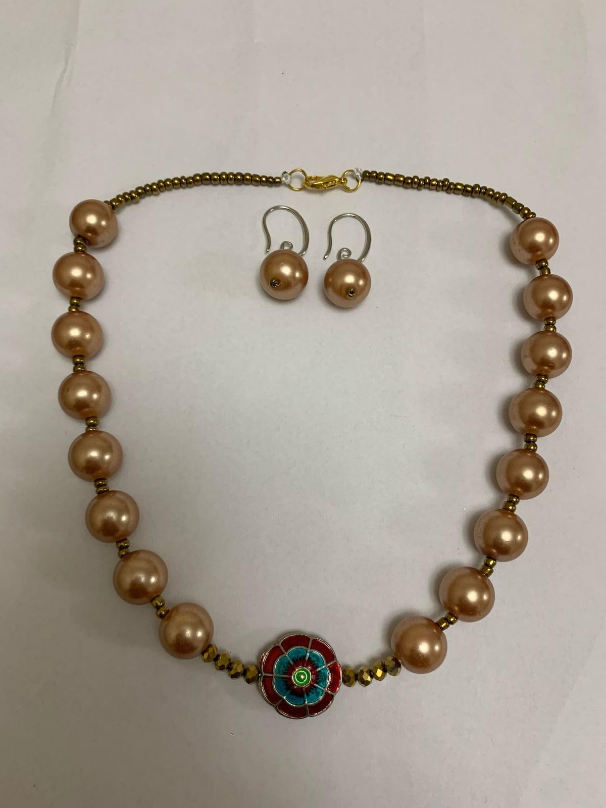 Handcrafted Faux Pearl Necklace Set with Enamel Flower, Rose Gold Beads, Matching Earrings-Colour Rose Gold