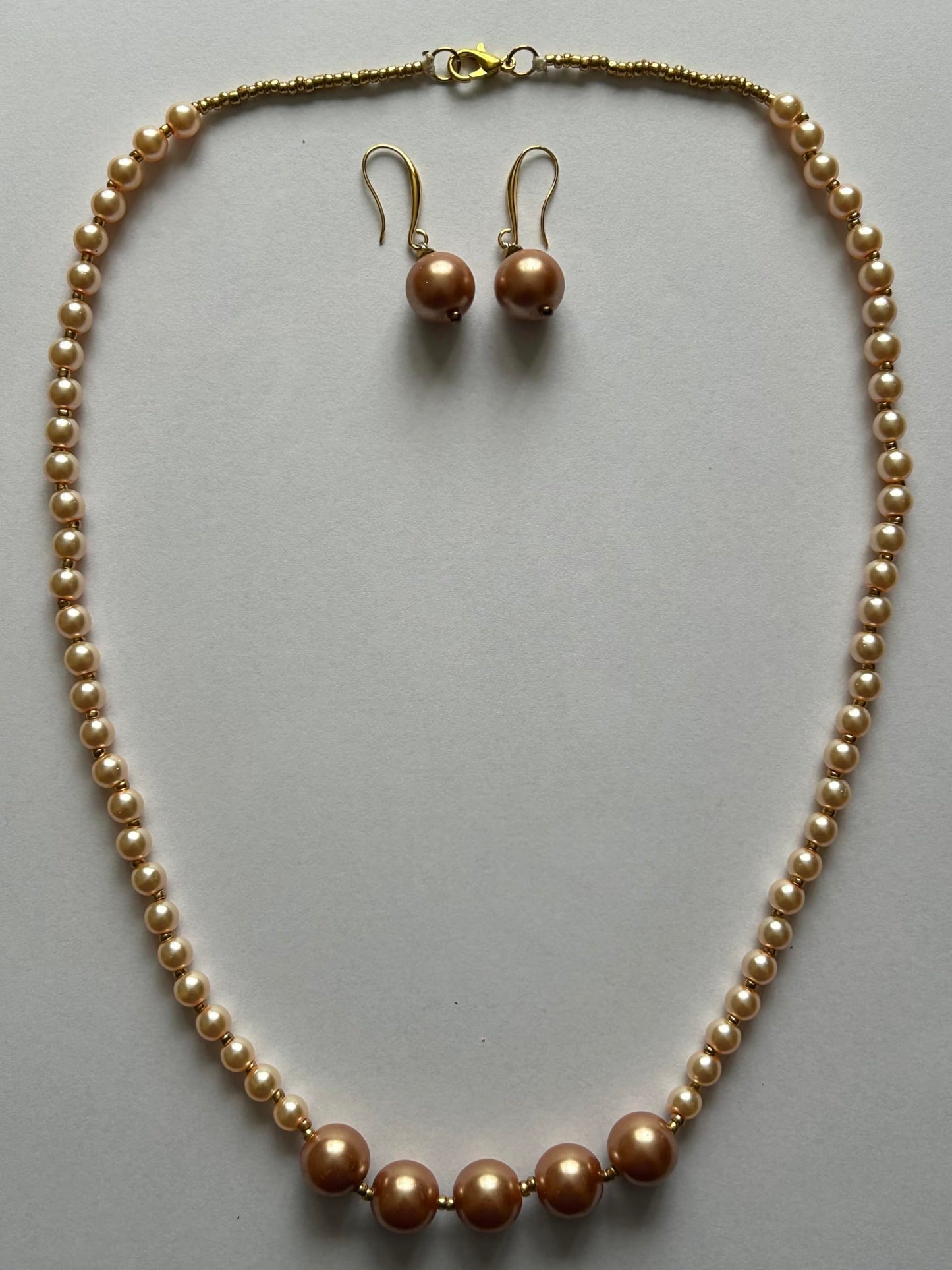 Handcrafted Faux Pearl Necklace and Earring Set, Champagne and Cream Colours, Gold-Tone Accents