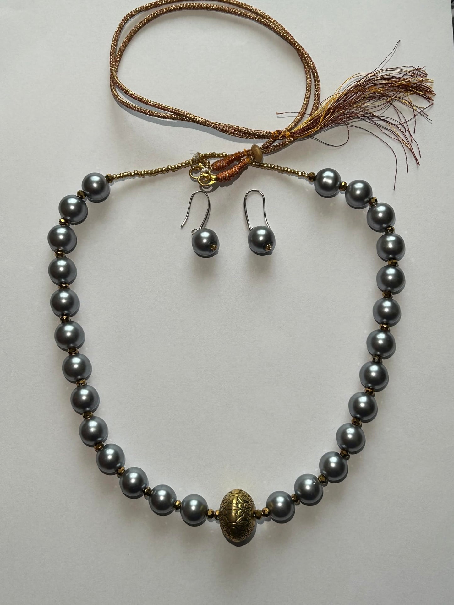 Handcrafted Faux Pearl Necklace Set with Enamel Flower, Matching Earrings-Colour Dark Ash