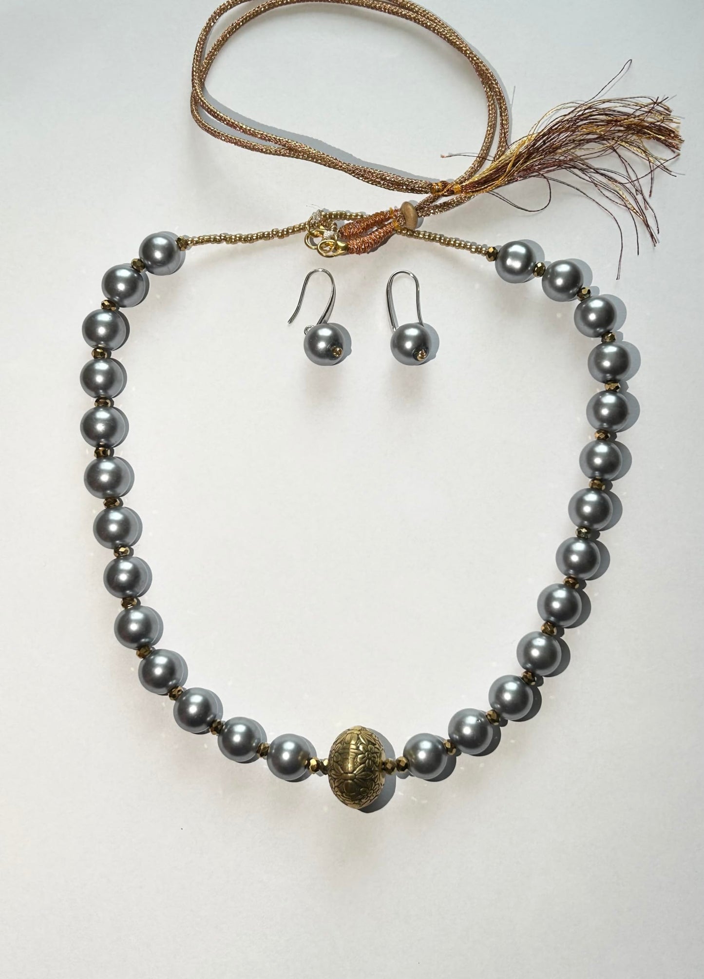 Handcrafted Faux Pearl Necklace Set with Enamel Flower, Matching Earrings-Colour Dark Ash