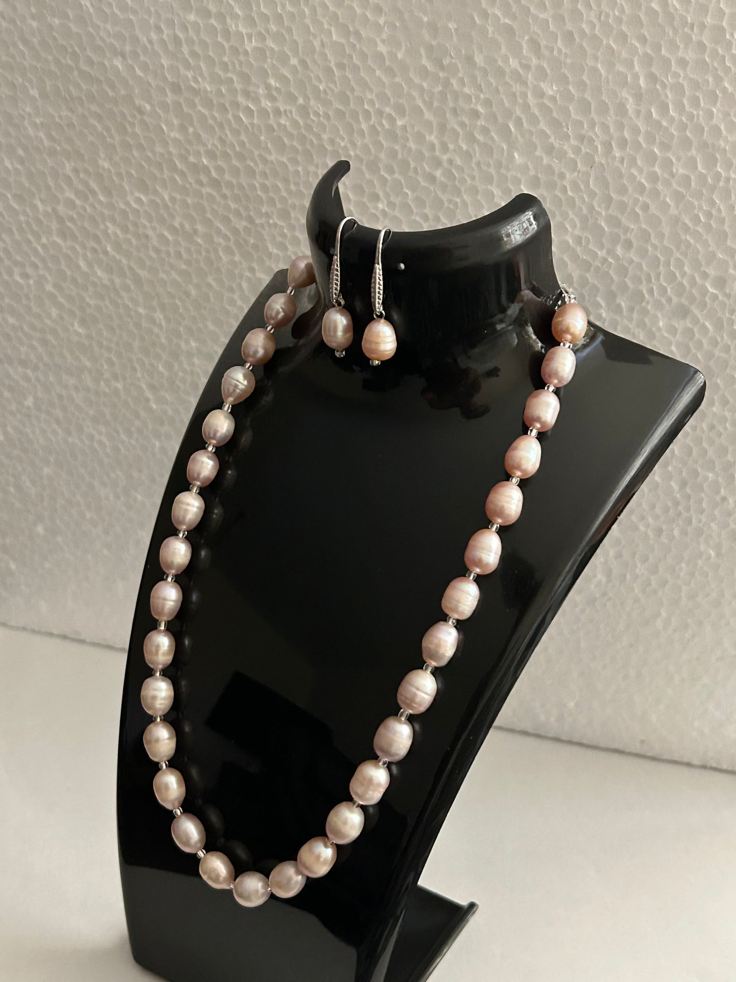 Handcrafted Pearl Necklace Set, Matching Earrings-Colour Pink Pearl