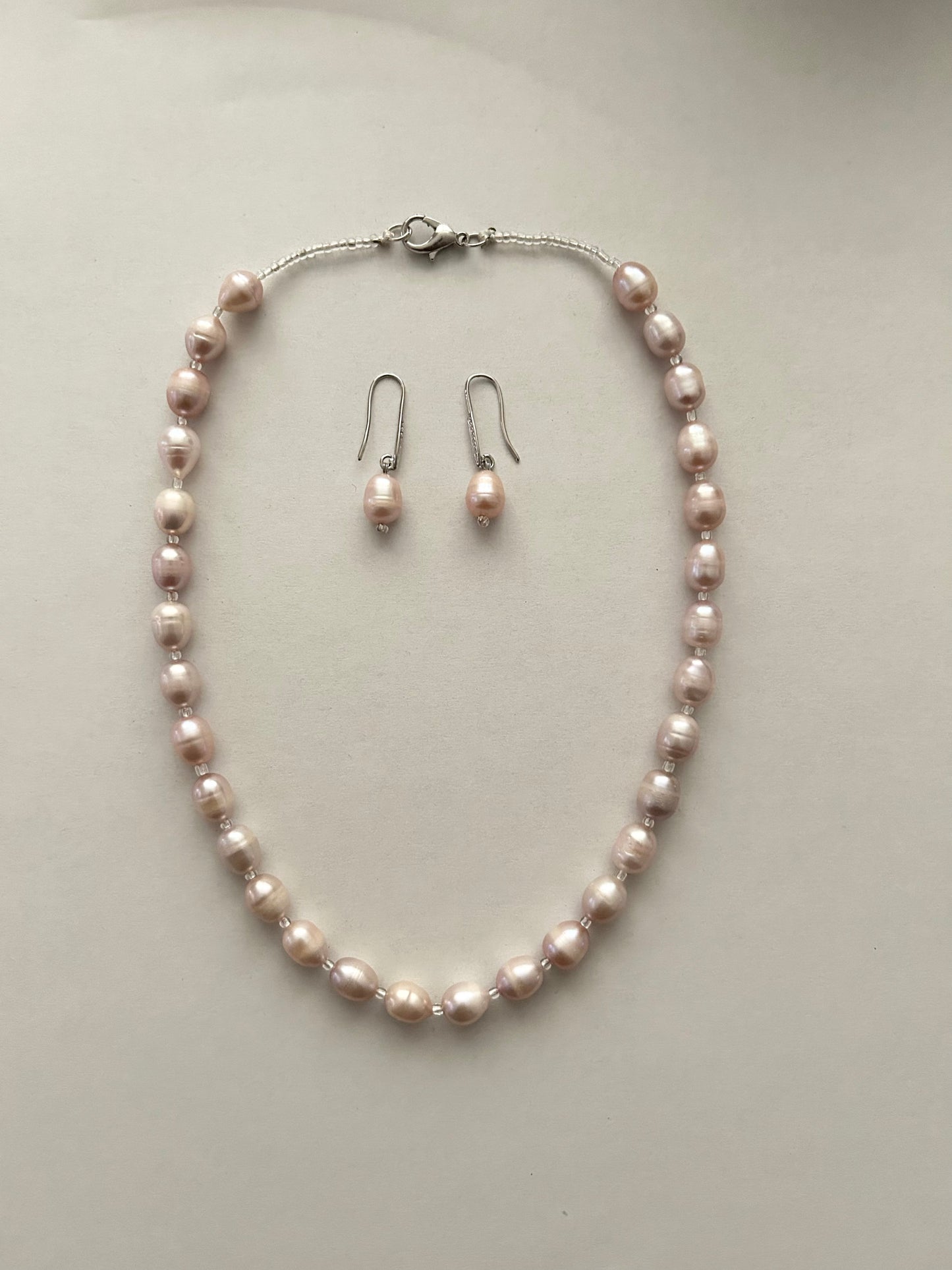 Handcrafted Pearl Necklace Set, Matching Earrings-Colour Pink Pearl