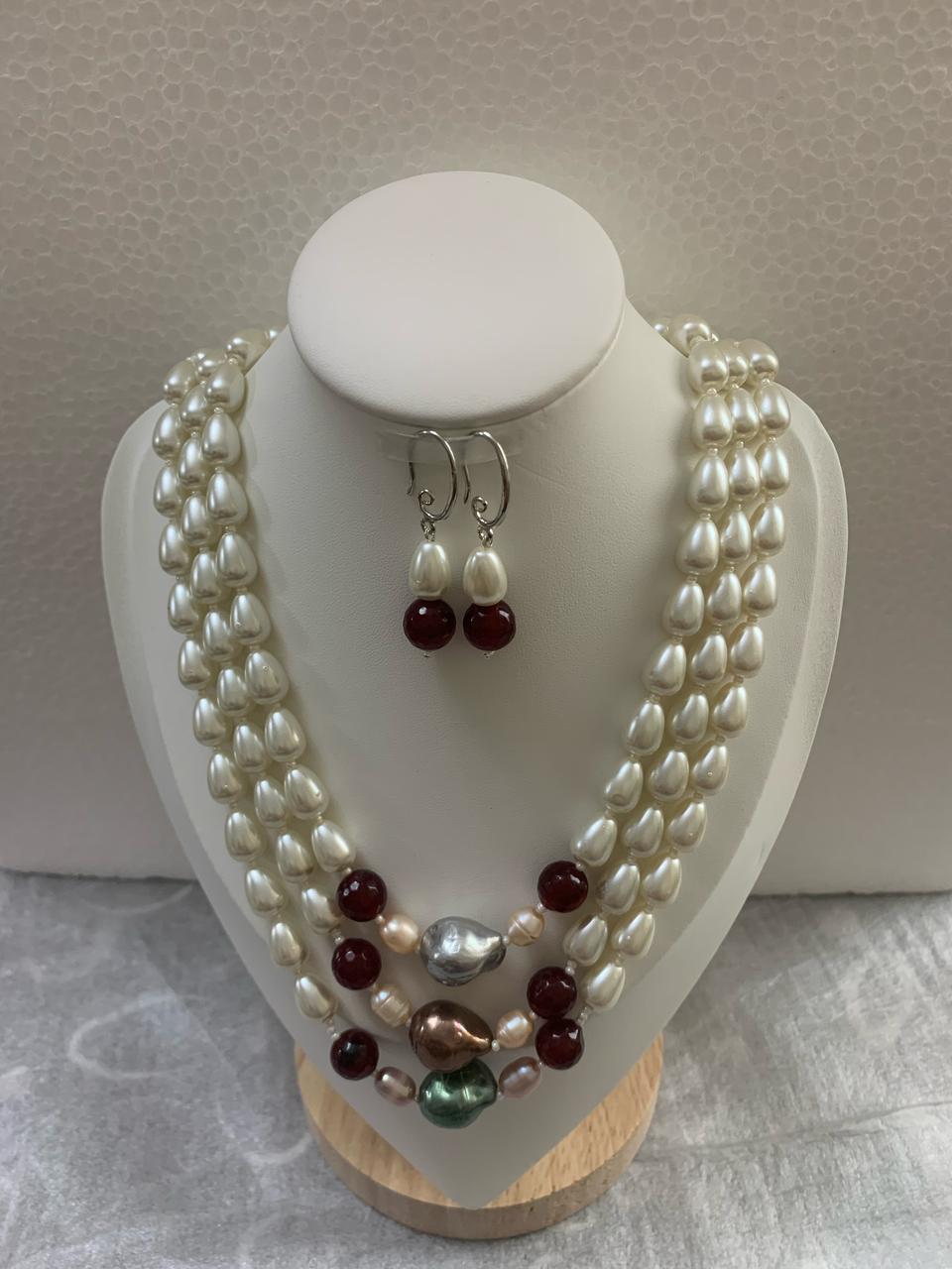 Handcrafted Cultured Pearl Three Layer Necklace with matching Earrings-White