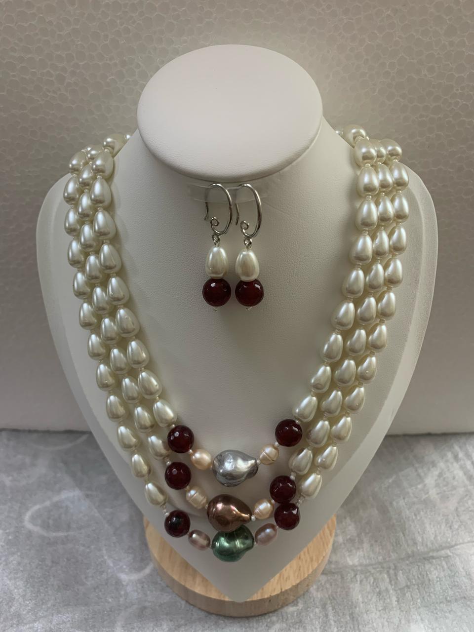 Handcrafted Cultured Pearl Three Layer Necklace with matching Earrings-White