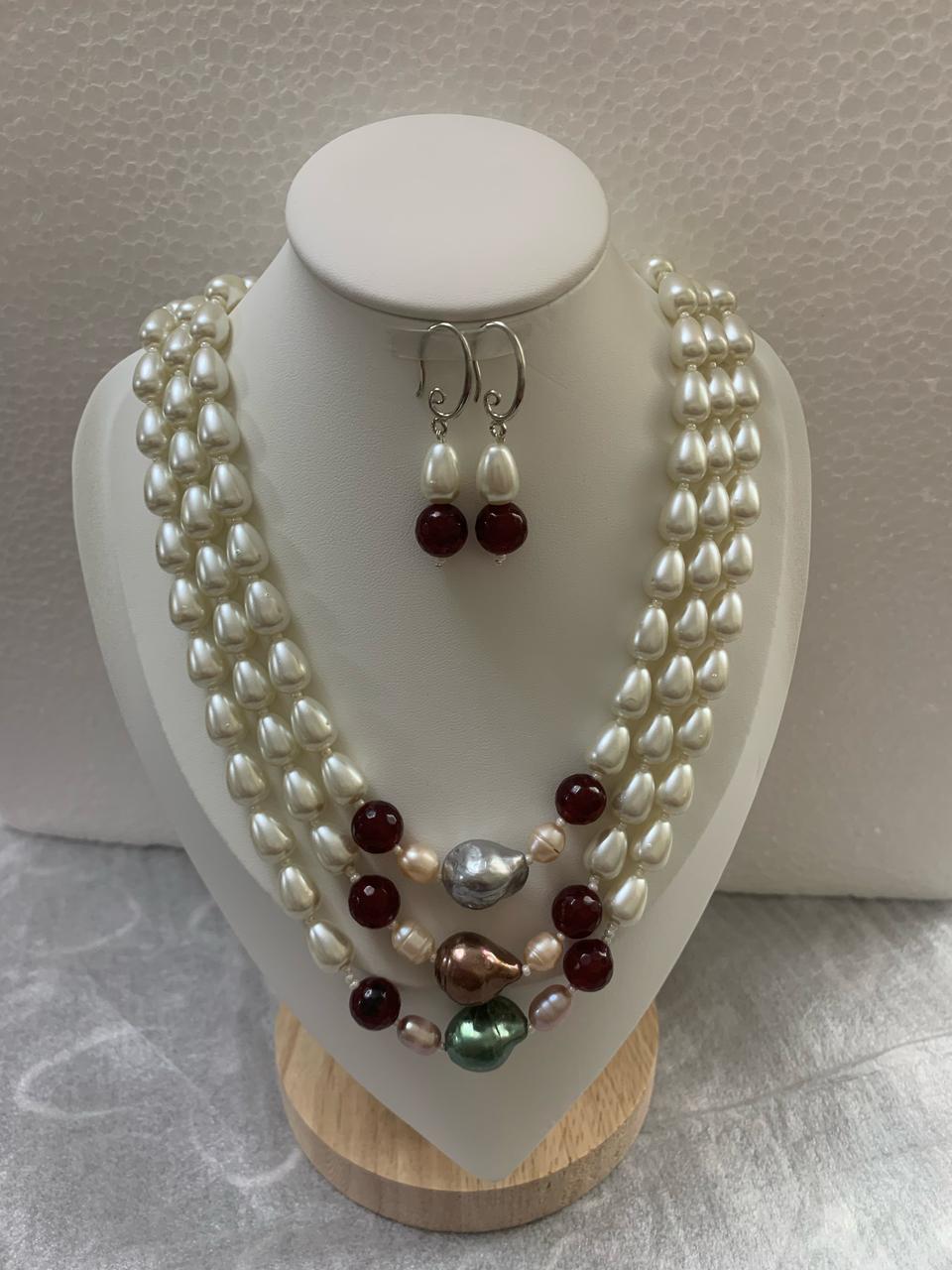 Handcrafted Cultured Pearl Three Layer Necklace with matching Earrings-White