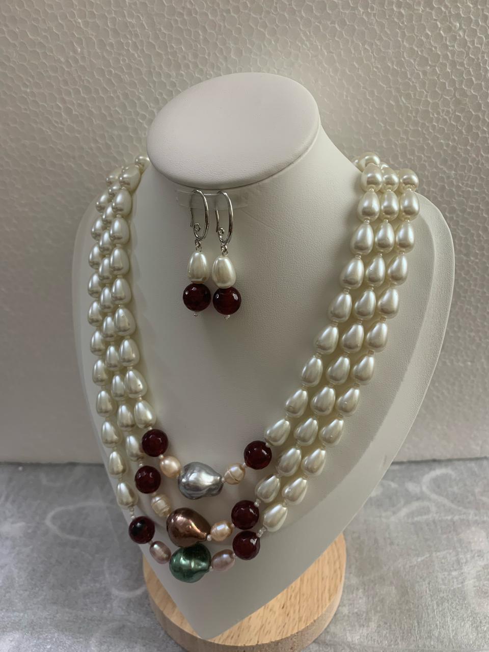 Handcrafted Cultured Pearl Three Layer Necklace with matching Earrings-White