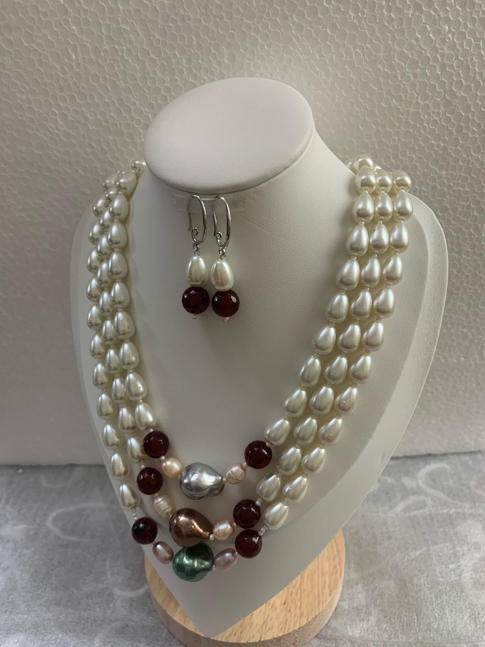 Handcrafted Cultured Pearl Three Layer Necklace with matching Earrings-White