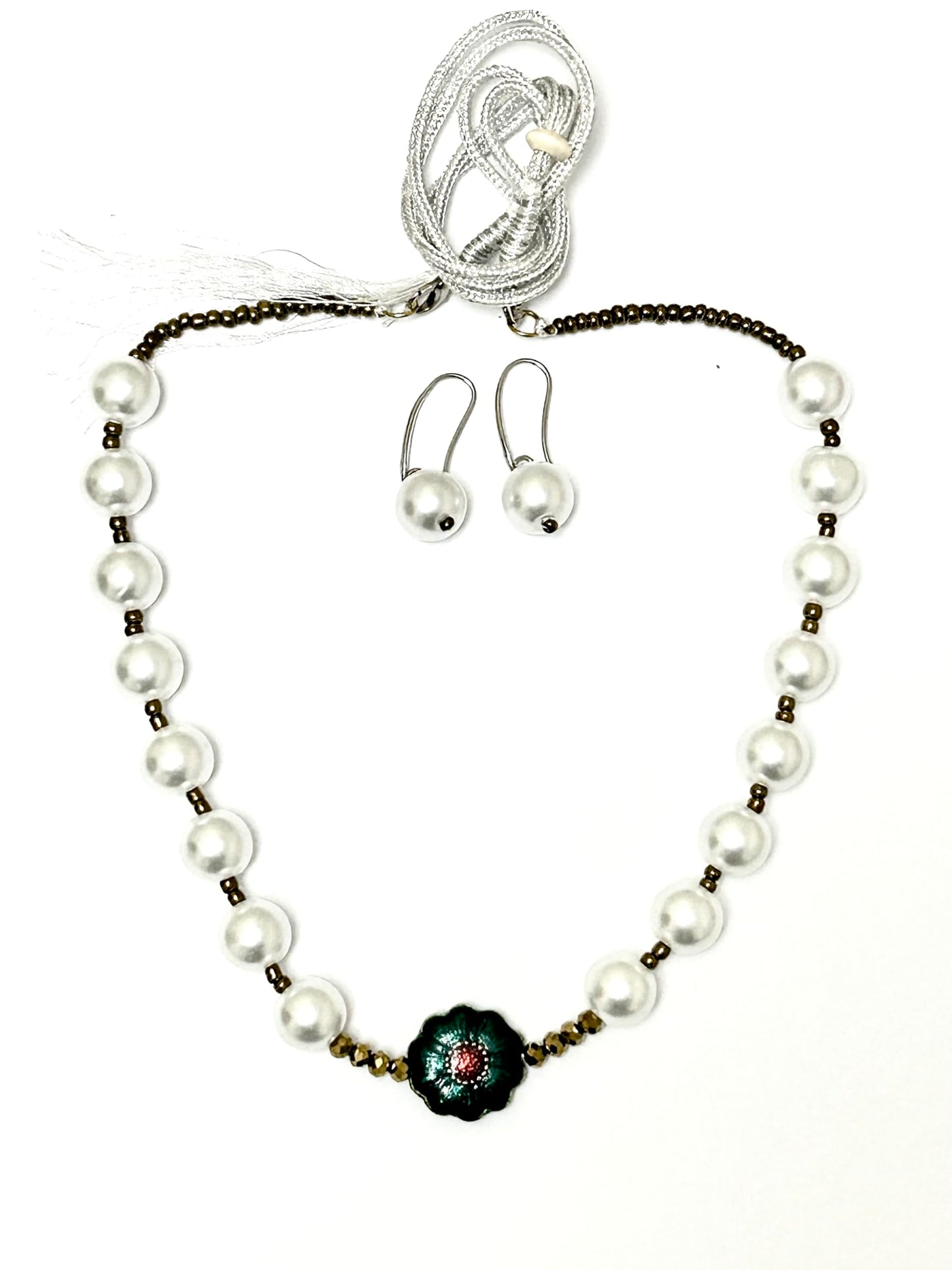 Handcrafted Faux Pearl Necklace Set with Enamel Flower, Silver Beads, Matching Earrings-Colour Silver