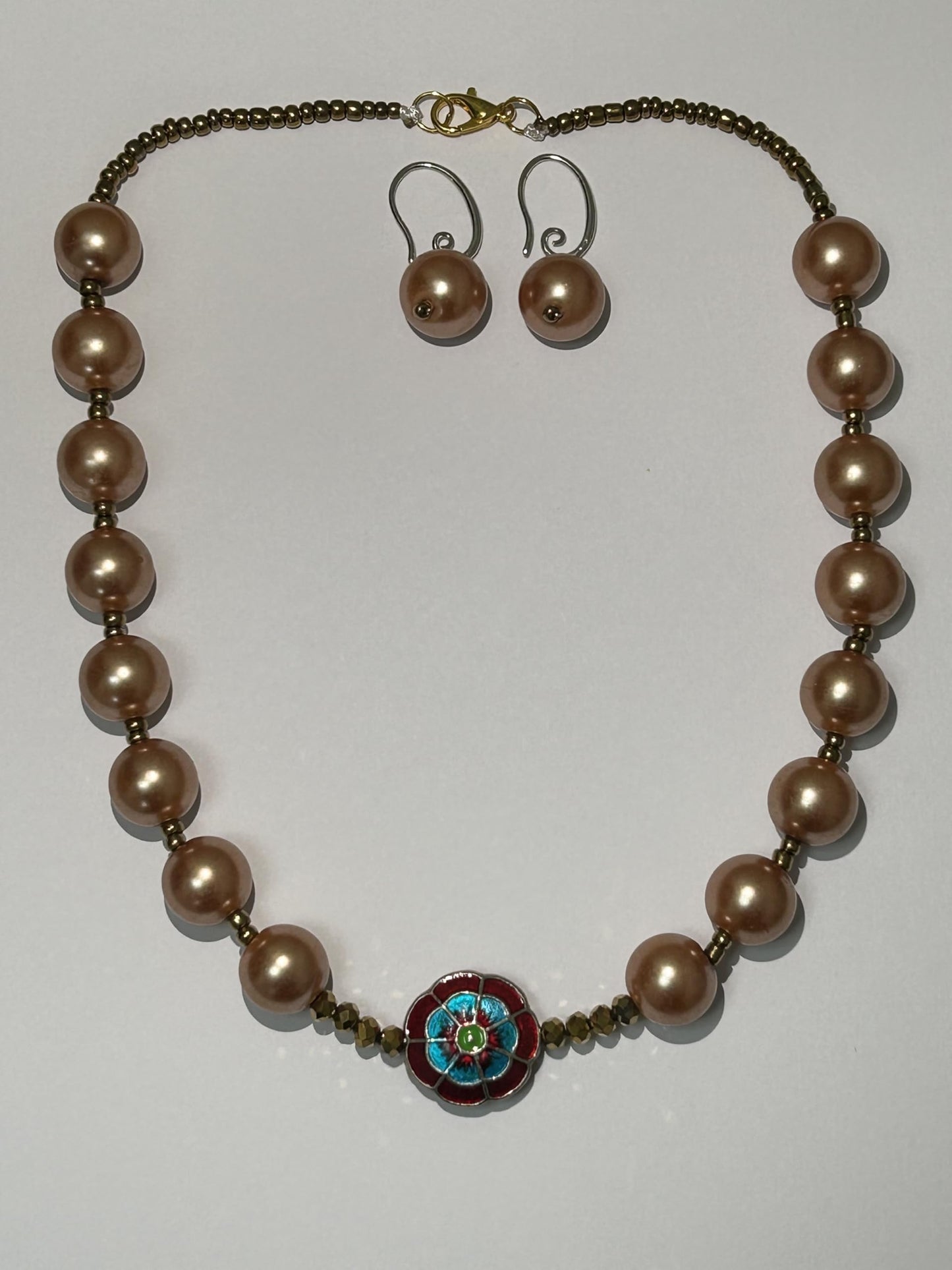 Handcrafted Faux Pearl Necklace Set with Enamel Flower, Rose Gold Beads, Matching Earrings-Colour Rose Gold