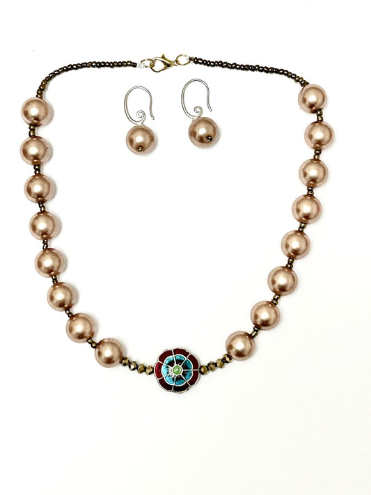 Handcrafted Faux Pearl Necklace Set with Enamel Flower, Rose Gold Beads, Matching Earrings-Colour Rose Gold