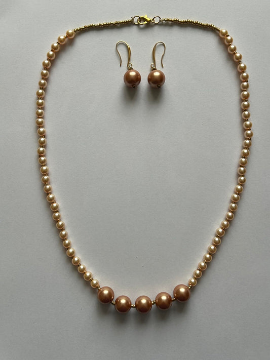 Handcrafted Faux Pearl Necklace and Earring Set, Champagne and Cream Colours, Gold-Tone Accents