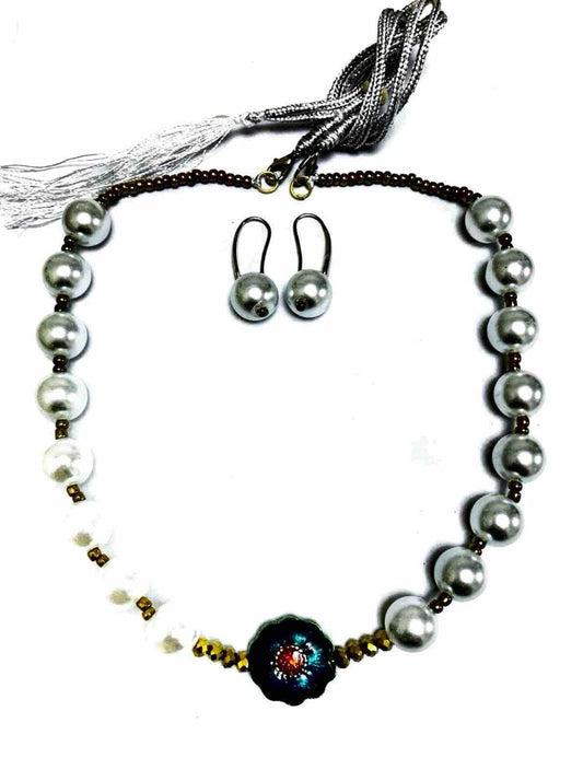 Handcrafted Faux Pearl Necklace Set with Enamel Flower, Silver Beads, Matching Earrings-Colour Silver