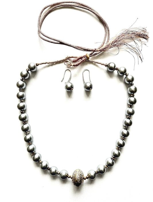 Handcrafted Faux Pearl Necklace Set with Enamel Flower, Matching Earrings-Colour Dark Ash