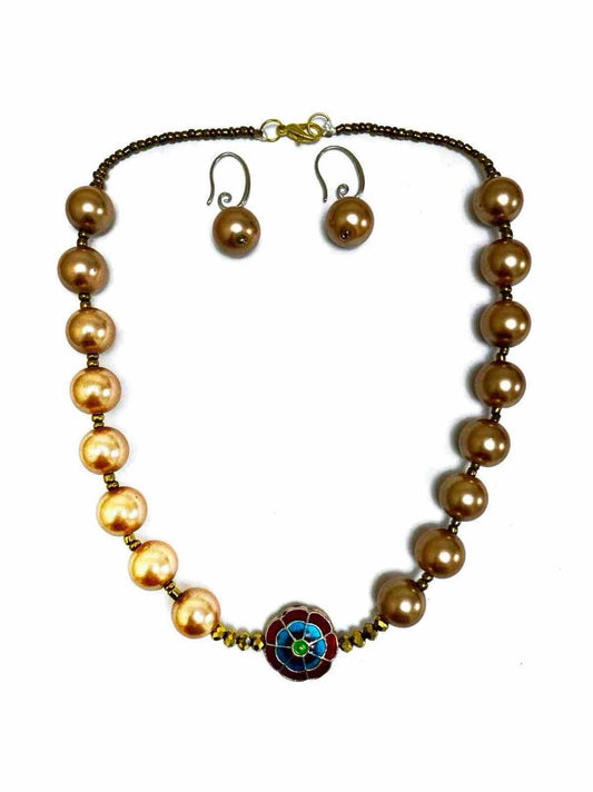 Handcrafted Faux Pearl Necklace Set with Enamel Flower, Rose Gold Beads, Matching Earrings-Colour Rose Gold