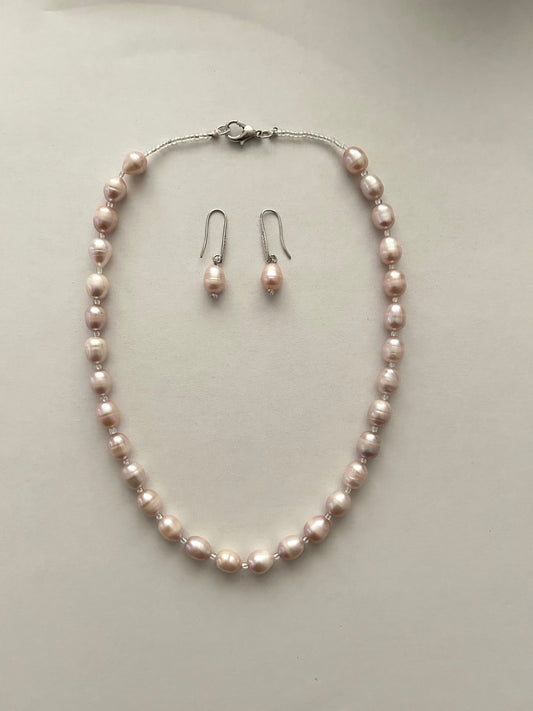 Handcrafted Pearl Necklace Set, Matching Earrings-Colour Pink Pearl