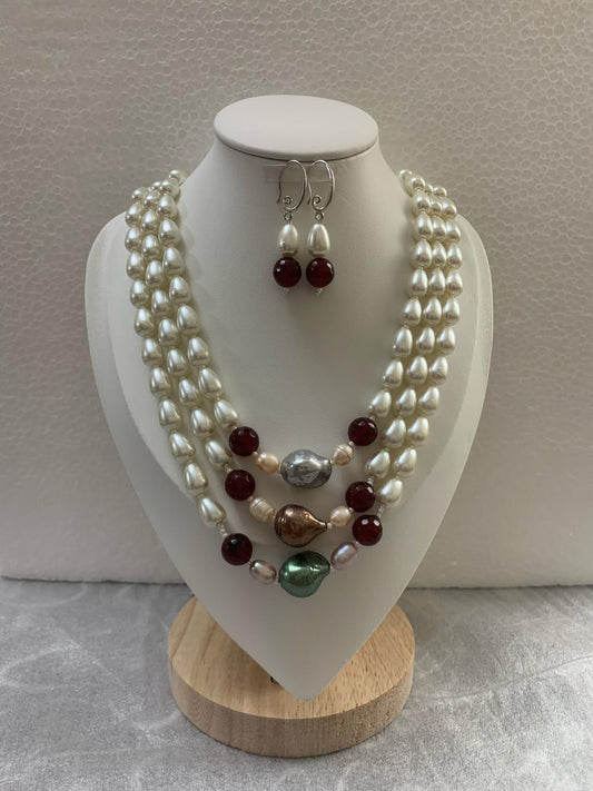 Handcrafted Cultured Pearl Three Layer Necklace with matching Earrings-White