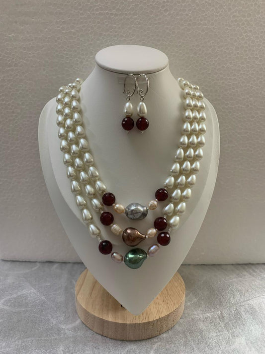 Handcrafted Cultured Pearl Three Layer Necklace with matching Earrings-White