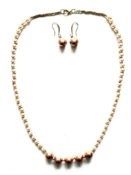Handcrafted Faux Pearl Necklace and Earring Set, Champagne and Cream Colours, Gold-Tone Accents
