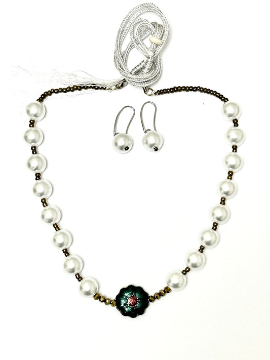 Handcrafted Faux Pearl Necklace Set with Enamel Flower, Silver Beads, Matching Earrings-Colour Silver